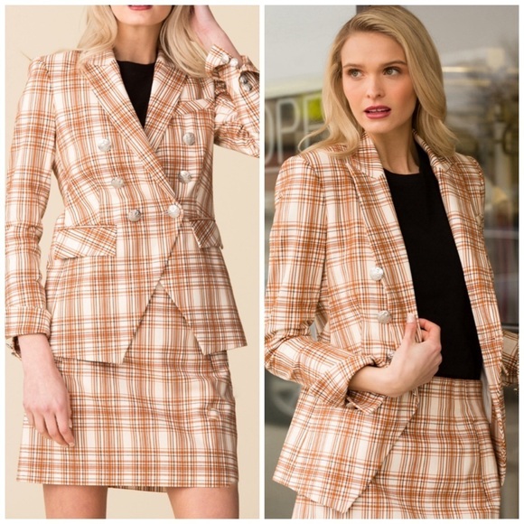 Veronica Beard Miller Dickey Double Breasted Plaid Blazer Size 0 Orange